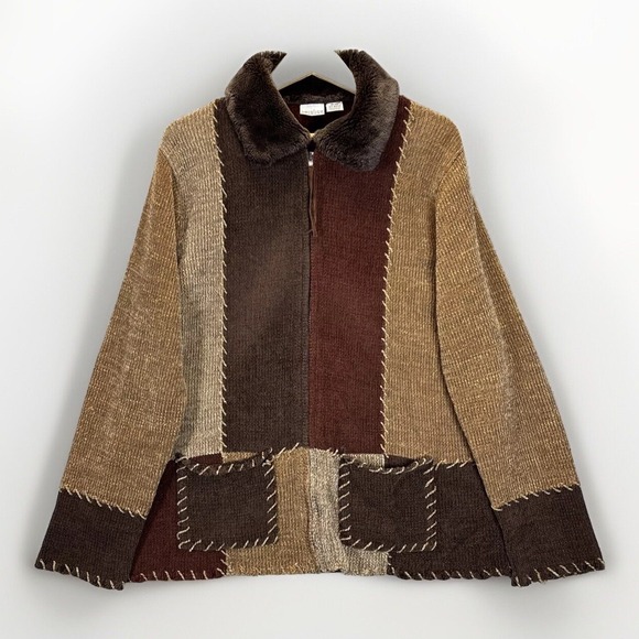 Vtg Chenille Jacket 2X Patchwork Brown Warm Colors Autumn Faux Fur Pockets Boho - Picture 1 of 10